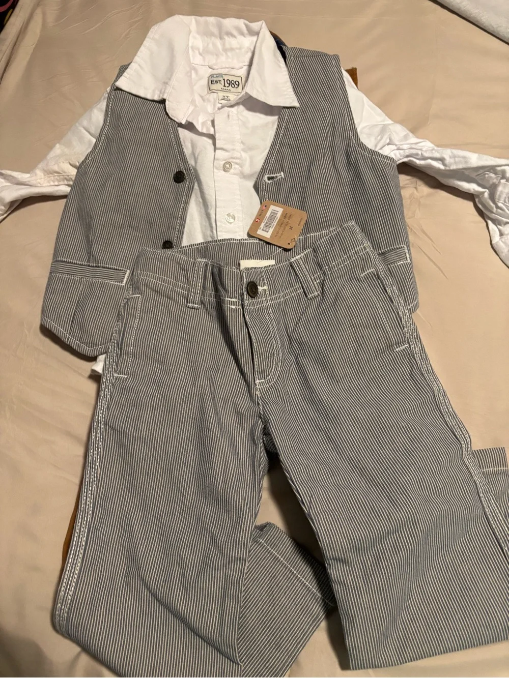 Boys Three Piece Outfit 3t Pin Stripe Best Pants White Long Sleeve Shirt - Picture 2 of 7